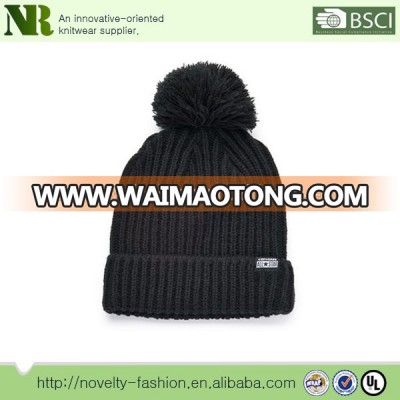 2017 new design high quality pom-pom knit beanie with rolled cuff