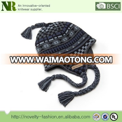 2017 new design high quality fleece knit trapper hat with braided tassel design